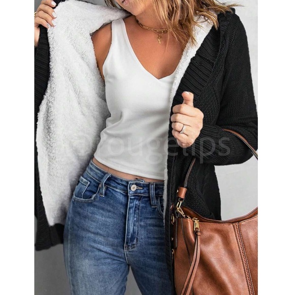 Black Sherpa Knit Hooded Cardigan Front Pockets Long Sleeves Hip Length - Picture 5 of 16